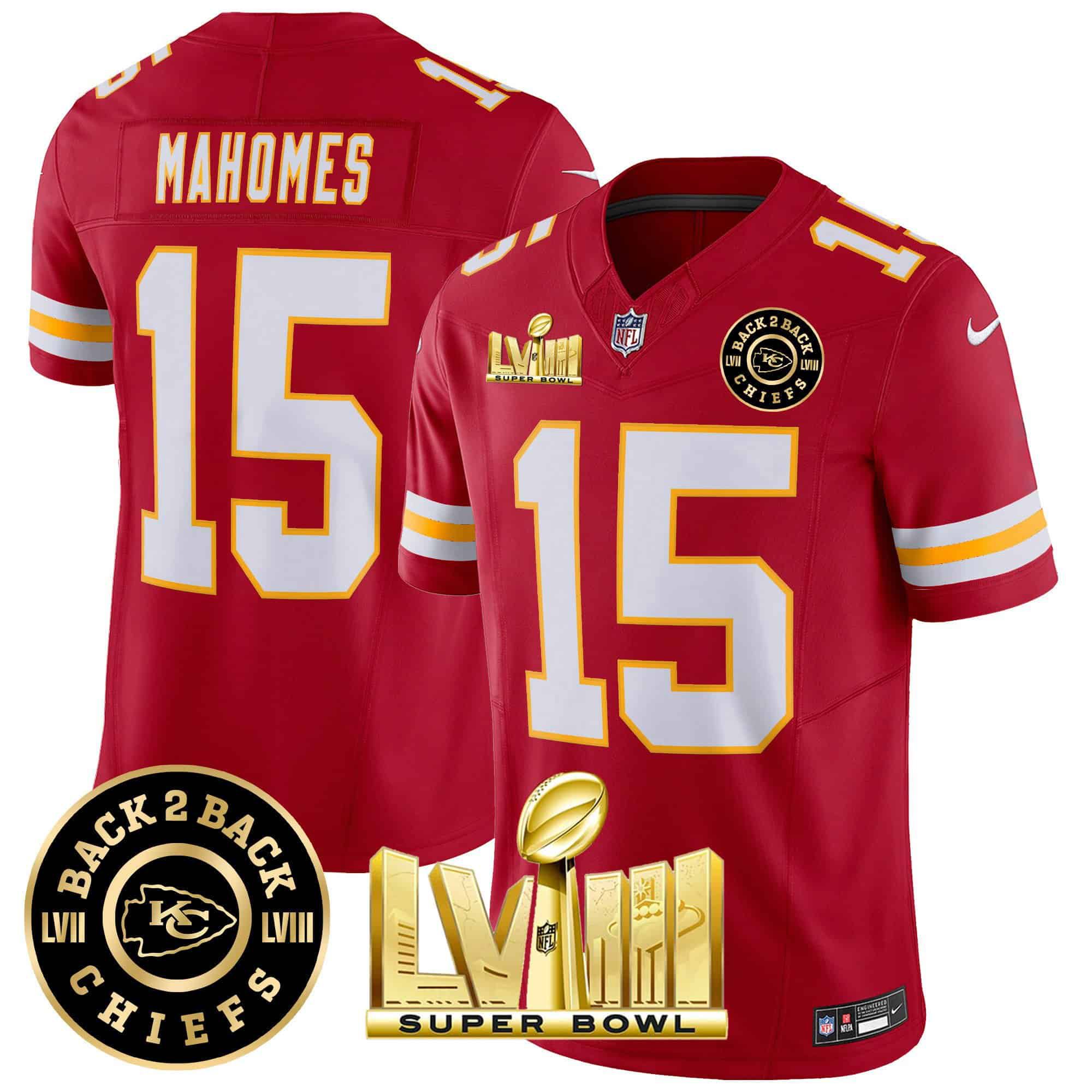Men Kansas City Chiefs 15 Mahomes Red 2024 Nike Super Bowl LVIII & Back 2 Back Patch Vapor NFL Jersey style 3